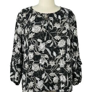 Angels Blouse 3X Black White Floral Peasant Top Boho Chic Sheer Romantic Date